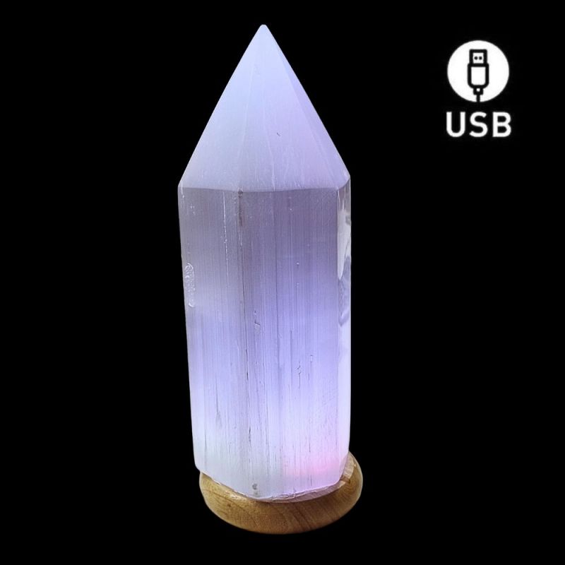 Selenite Point Lamp (25-30cm). USB colour change