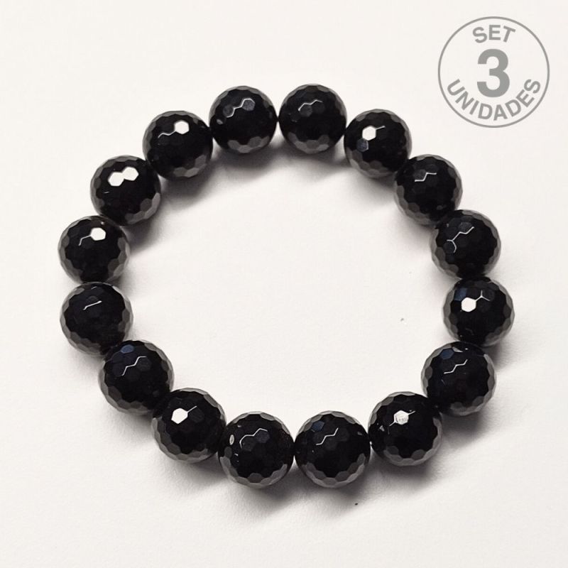 Pulsera Ónix facetada (Bola 12mm). Set 3 Un.
