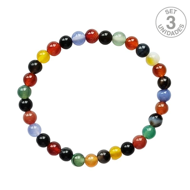 Bracelet Agate Multicolore (Boule 6mm). Set 3 Un.