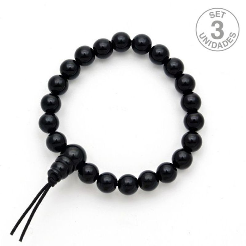 Bracelet Bouddhiste Obsidienne (Boule 8mm). Set 3 Un.