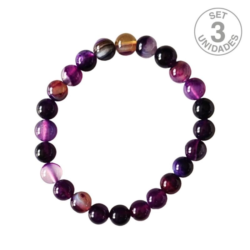 Bracelet d'Agate Lila Bandée (Boule 8mm). Set 3 Un.