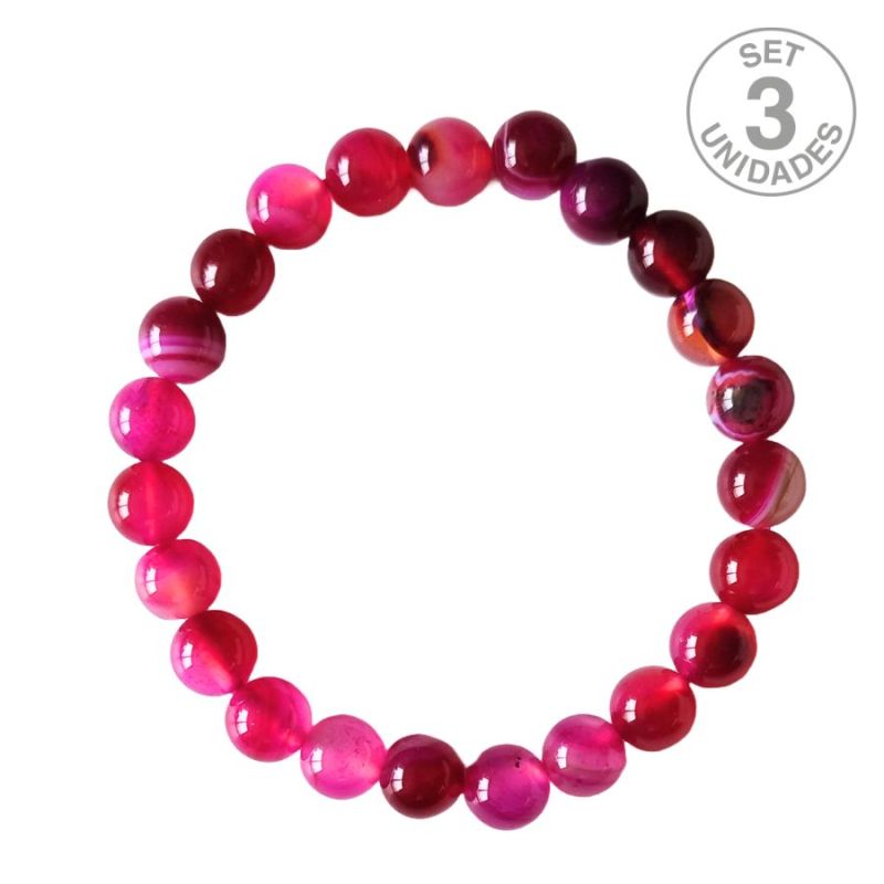 Bracelet d'Agate Fuchsia Bandée (Boule 8mm). Set 3 Un.