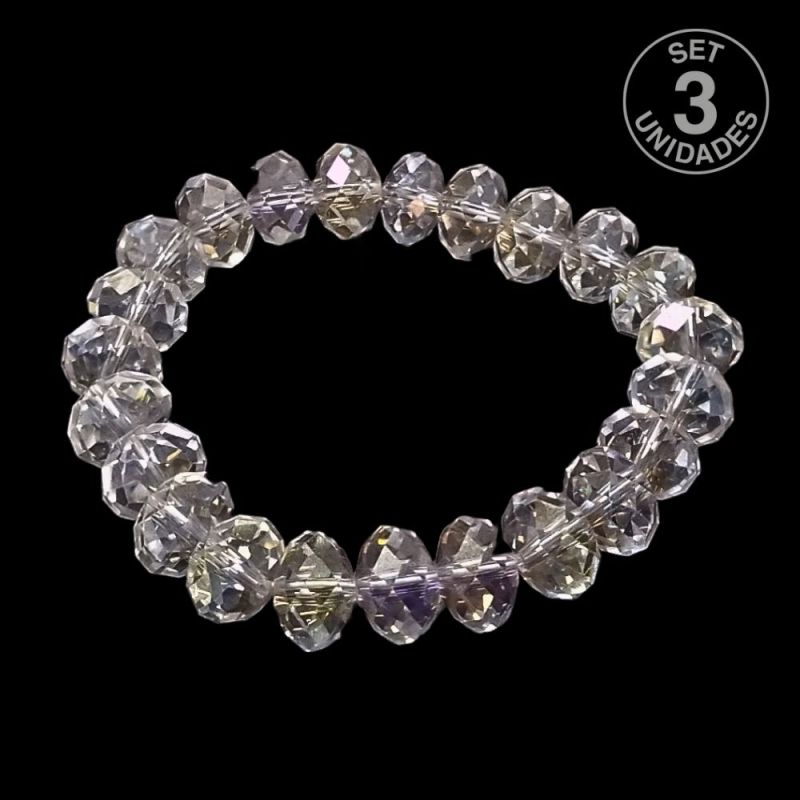 Pulsera Cristal Facetada (Bola plana 10mm). Set 3 Un.