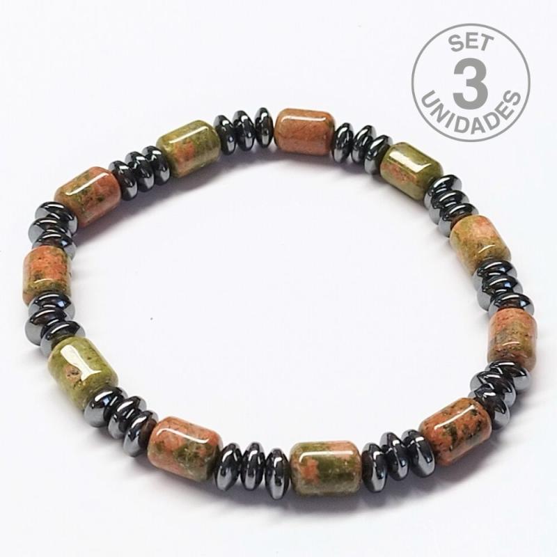 Hematite and Unakite Donut men Bracelet (6mm). Set 3 Un.
