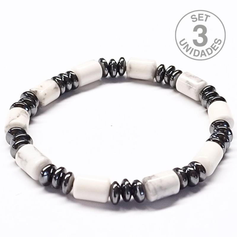 Hematite and White Howlite Donut men Bracelet (6mm). Set 3 Un.