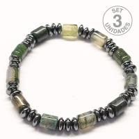Pulsera Donut Hematite y Ágata Musgo para hombre (6mm). Set 3 Un.