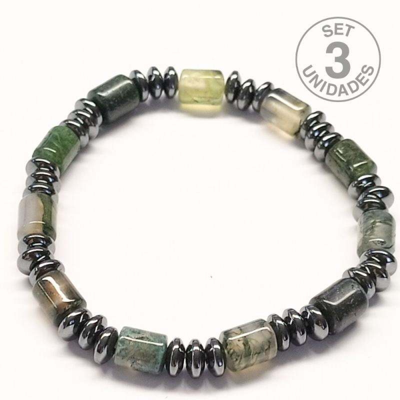 Pulsera Donut Hematite y Ágata Musgo para hombre (6mm). Set 3 Un.