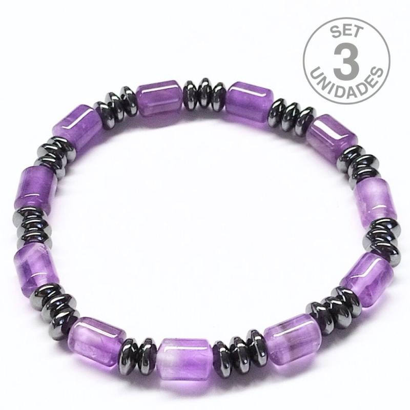 Pulsera Donut Hematite y Amatista para hombre (6mm). Set 3 Un.