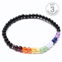 Pulsera Chakras y Ágata Negra (4mm). Set 3 Un.