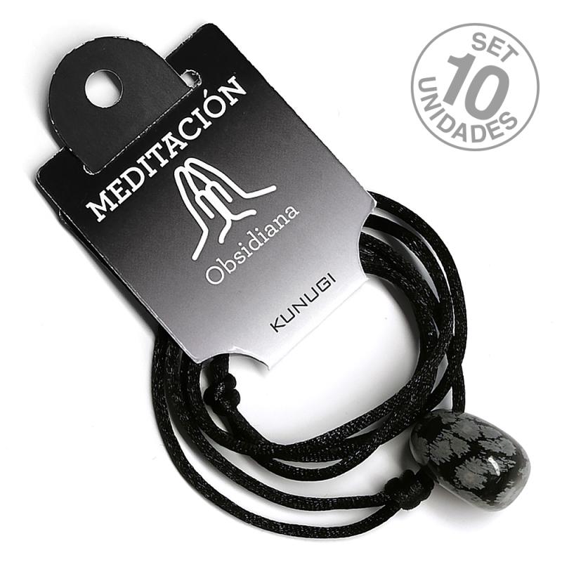 Colgante Rodado Obsidiana Nevada con cordón. Set 10 Un.
