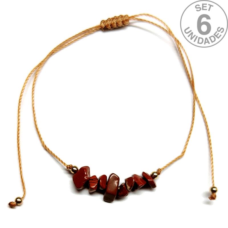 Red Jasper chip bracelet on adjustable beige thread. Set 6 Un.