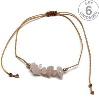 Pulsera de chip de Cuarzo Rosa en hilo beige ajustable. Set 6 Un.