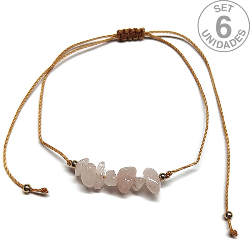 Rose Quartz chip bracelet on adjustable beige thread. Set 6 Un.