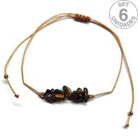 Pulsera de chip de Ojo de Tigre en hilo beige ajustable. Set 6 Un.