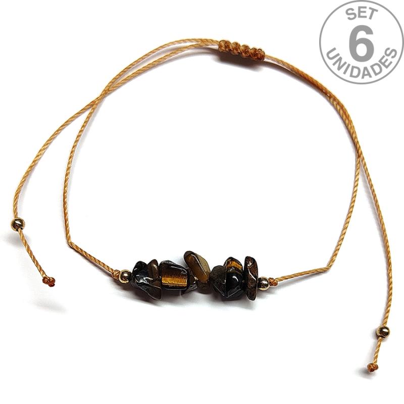 Tiger Eye chip bracelet on adjustable beige thread. Set 6 Un.
