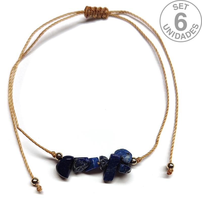 Lapis Lazuli chip bracelet on adjustable beige thread. Set 6 Un.
