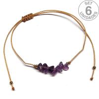 Pulsera de chip de Amatista en hilo beige ajustable. Set 6 Un.