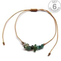 Pulsera de chip de Ágata Verde en hilo beige ajustable. Set 6 Un.