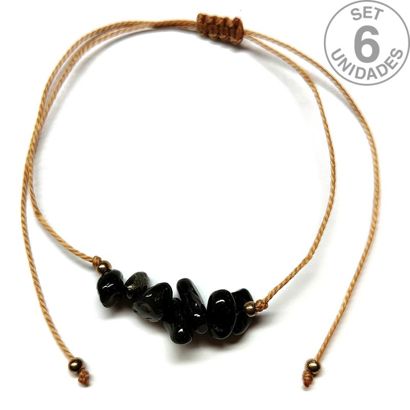 Onyx chip bracelet on adjustable beige thread. Set 6 Un.