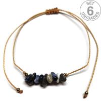 Pulsera de chip de Sodalita en hilo beige ajustable. Set 6 Un.