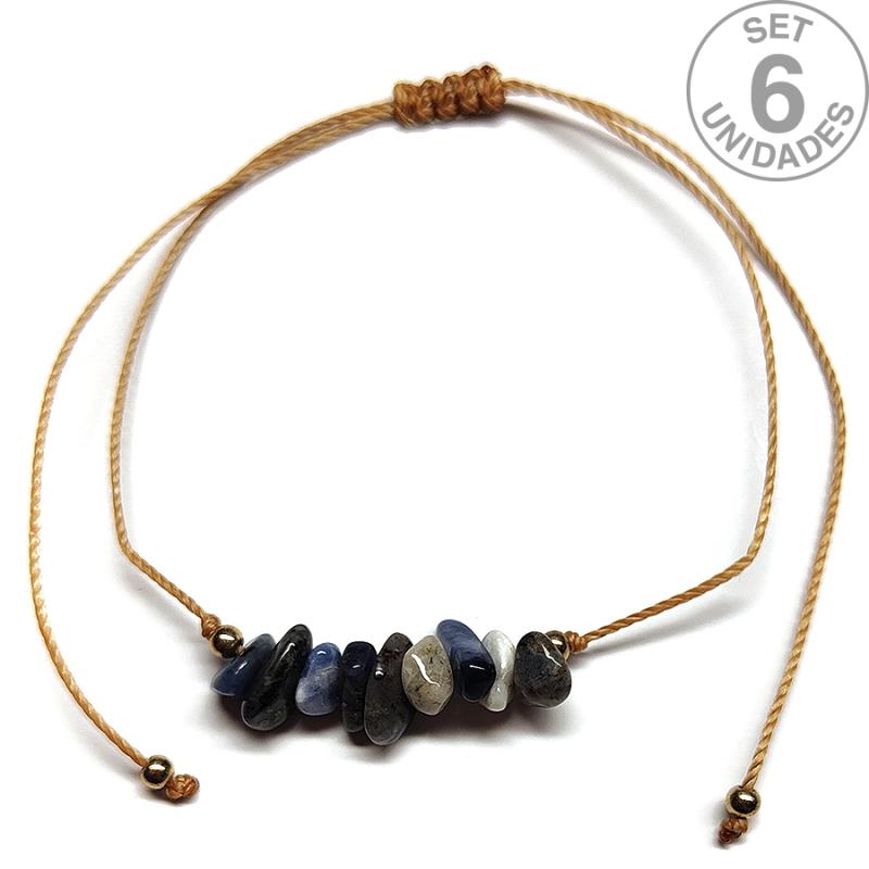 Sodalite chip bracelet on adjustable beige thread. Set 6 Un.