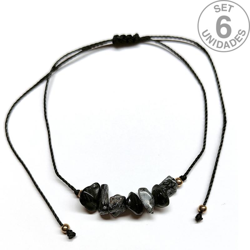 Obsidian chip bracelet on adjustable black thread. Set 6 Un.