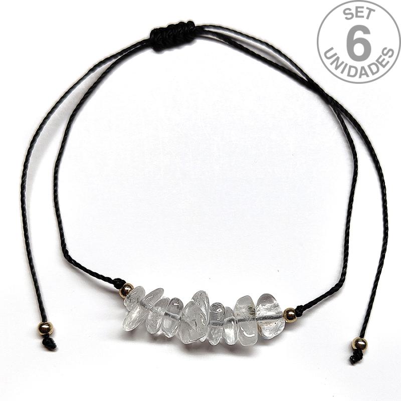 Crystal Quartz chip bracelet on adjustable black thread. Set 6 Un.