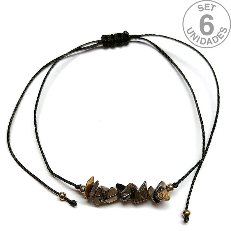 Tiger Eye chip bracelet on adjustable black thread. Set 6 Un.