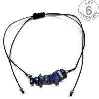 Pulsera de chip de Lapislázuli en hilo negro ajustable. Set 6 Un.