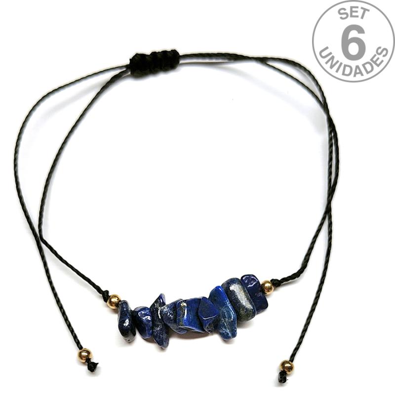 Lapis Lazuli chip bracelet on adjustable black thread. Set 6 Un.