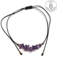 Pulsera de chip de Amatista en hilo negro ajustable. Set 6 Un.