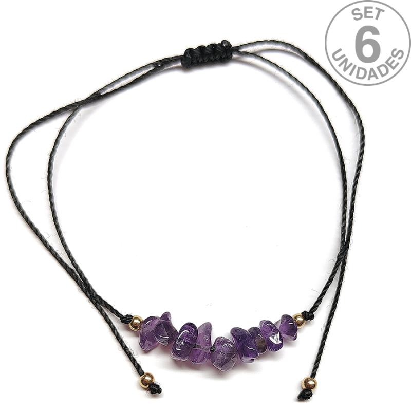 Amethyst chip bracelet on adjustable black thread. Set 6 Un.