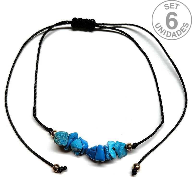 Turquenite chip bracelet on adjustable black thread. Set 6 Un.