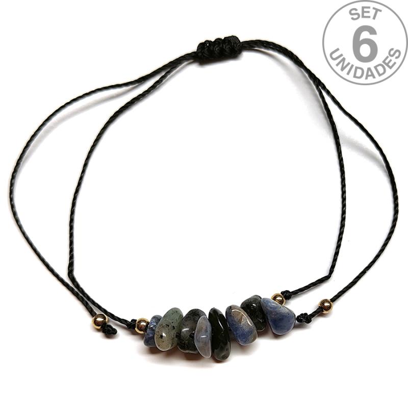 Sodalite chip bracelet on adjustable black thread. Set 6 Un.
