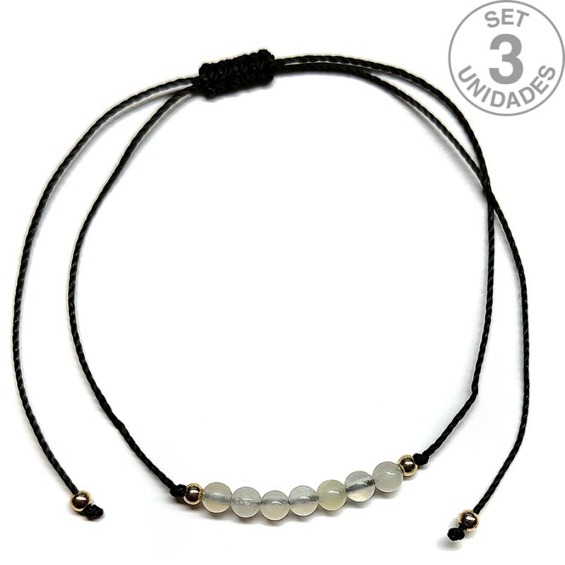 Pulsera de bolas de Jade de 4mm en hilo negro ajustable. Set 3 Un.