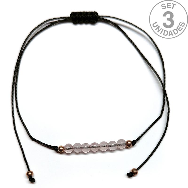 Pulsera de bolas de Cuarzo Rosa de 4mm en hilo negro ajustable. Set 3 Un.