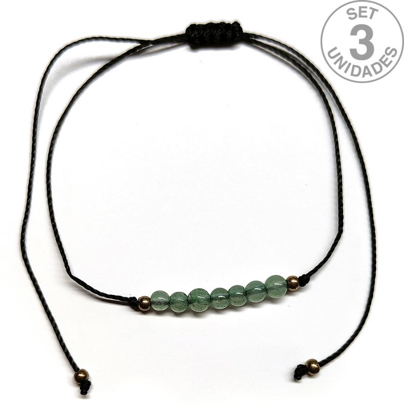 Pulsera de bolas de Aventurina de 4mm en hilo negro ajustable. Set 3 Un.