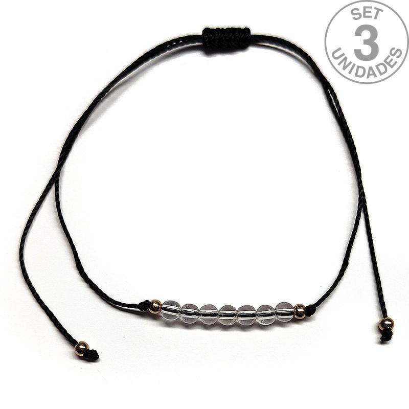 Pulsera de bolas de Cristal de Roca de 4mm en hilo negro ajustable. Set 3 Un.