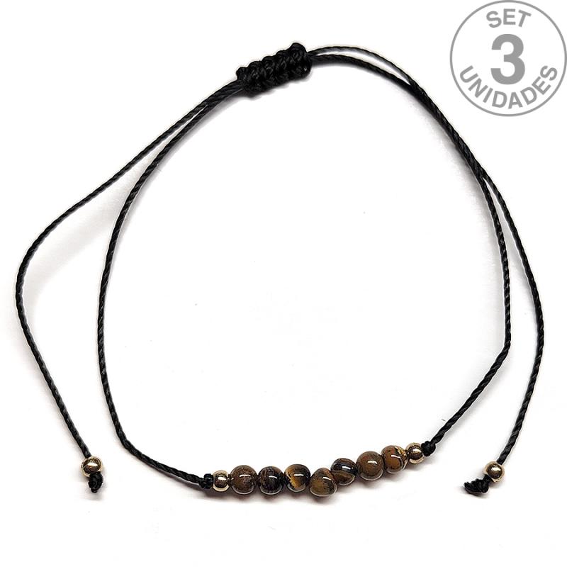 Pulsera de bolas de Ojo de Tigre de 4mm en hilo negro ajustable. Set 3 Un.