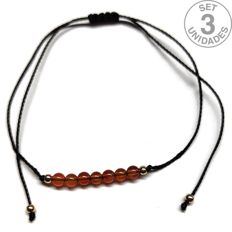 Pulsera de bolas de Carneola de 4mm en hilo negro ajustable. Set 3 Un.