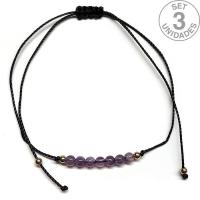 Bracelet en perles de Améthyste de 4 mm sur fil noir réglable. Set 3 Un.