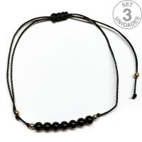 Bracelet en perles de Onyx de 4 mm sur fil noir réglable. Set 3 Un.