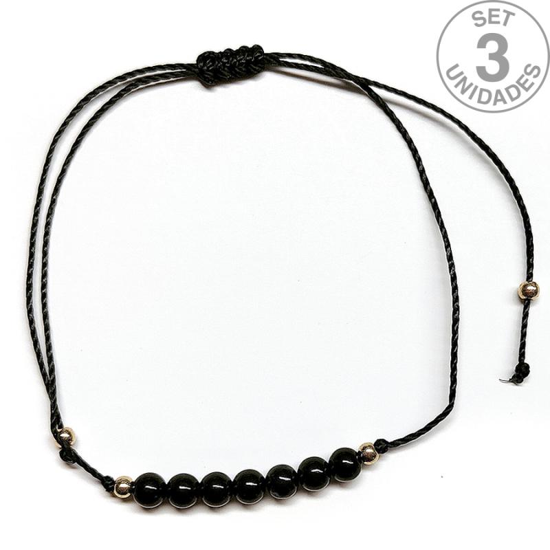 Pulsera de bolas de Onix de 4mm en hilo negro ajustable. Set 3 Un.