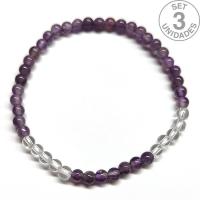 Bracelet en Améthyste et Cristal de Roche (Boule 4mm). Set 3 Un.