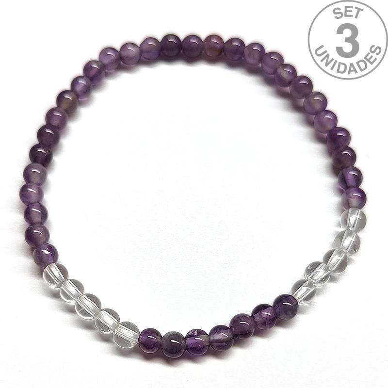Pulsera de Amatista y Cristal de Roca (Bola 4mm). Set 3 Un.