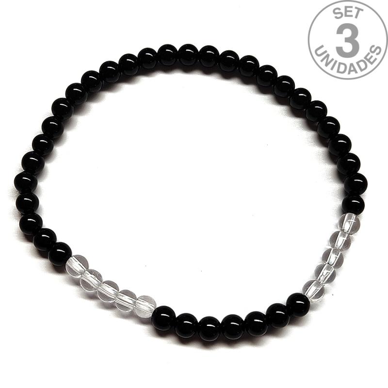 Pulsera de Obsidiana y Cristal de Roca (Bola 4mm). Set 3 Un.