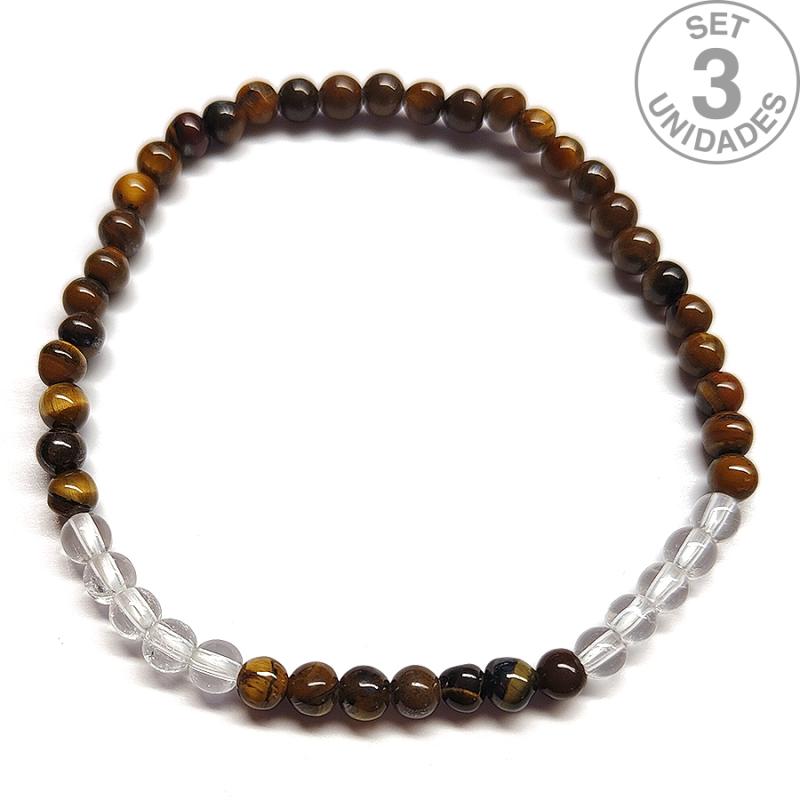 Pulsera de Ojo de Tigre y Cristal de Roca (Bola 4mm). Set 3 Un.