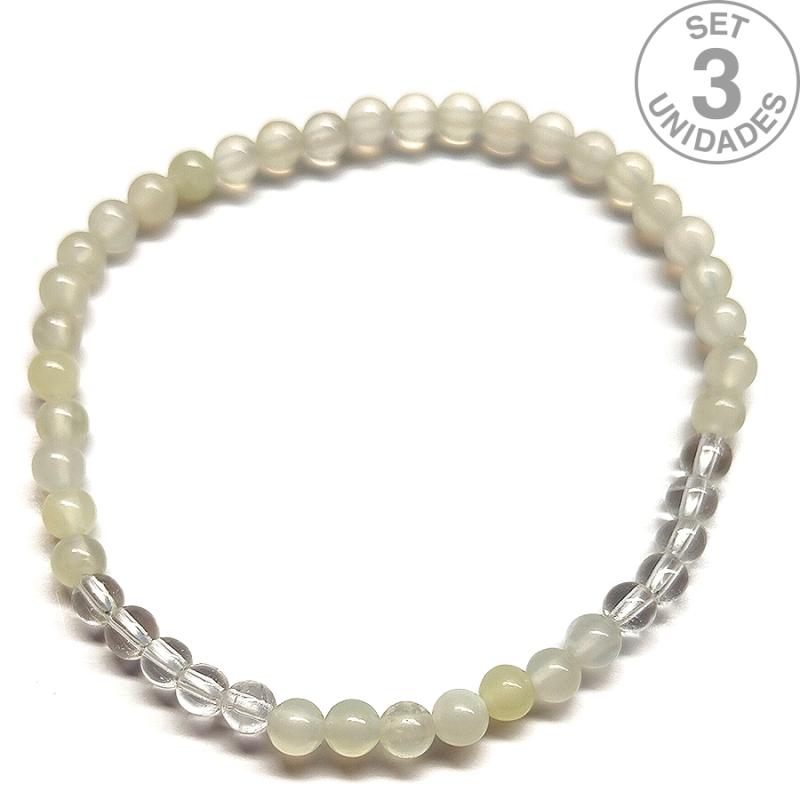 Pulsera de Jade y Cristal de Roca (Bola 4mm). Set 3 Un.