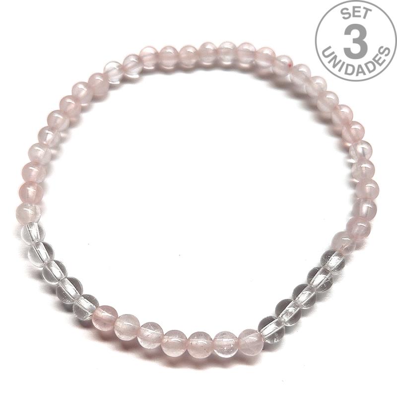 Pulsera de Cuarzo Rosa y Cristal de Roca (Bola 4mm). Set 3 Un.