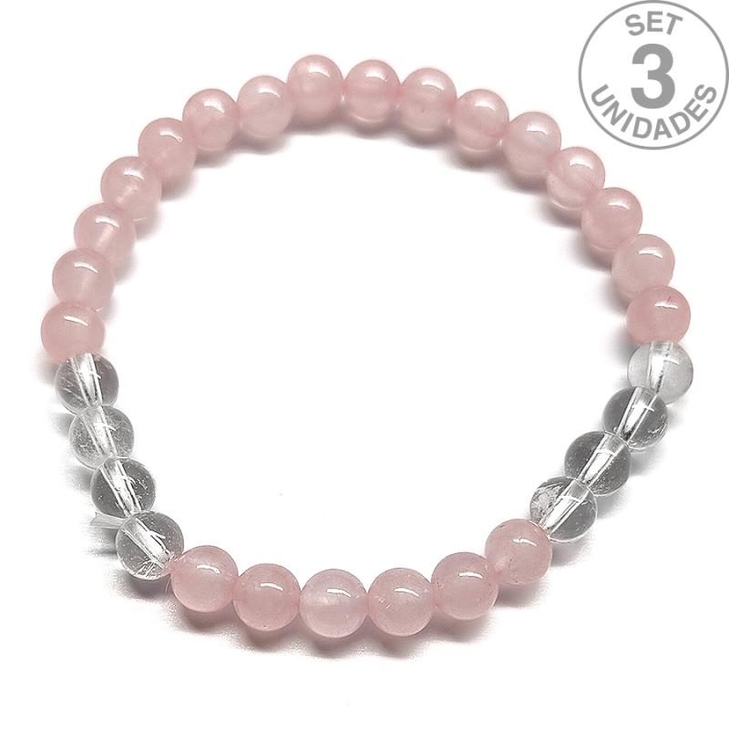 Pulsera de Cuarzo Rosa y Cristal de Roca (Bola 6mm). Set 3 Un.